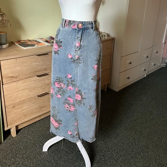 Vintage Cotton Denim Pink Wild Rose Floral Midi Maxi Side Slit High-Waist Skirt - Picture 14 of 16